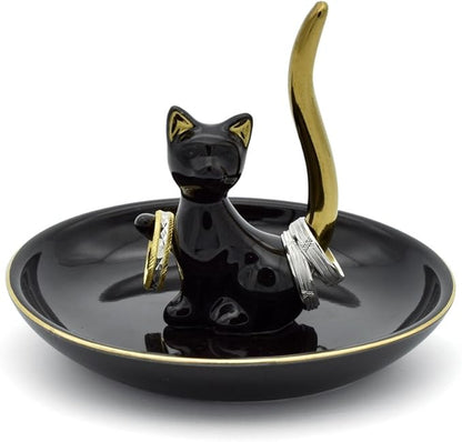 Happy Cat Posture Ring Holder Jewelry Storage Dish Trinket Tray Decorative Black/Golden Tail.