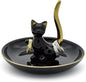 Happy Cat Posture Ring Holder Jewelry Storage Dish Trinket Tray Decorative Black/Golden Tail.
