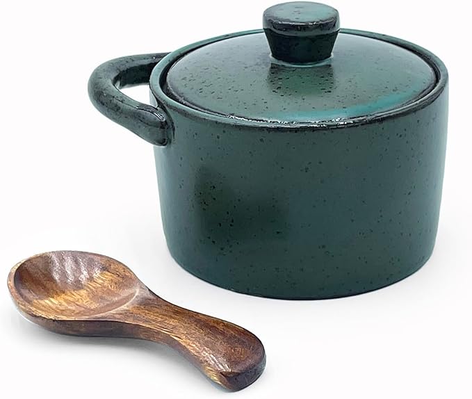 8 oz Ceramic Salt Cellar with Lid & Wooden Spoon,Countertop Salt Container,Sugar Bowl,Spices Jar| Artisan Kitchen Decor(Deep Blue)