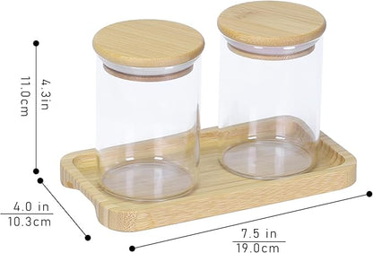 INIUNIK Qtip Holder with Vanity Tray - 2 Pack Glass Apothecary Jars with Lids, Cotton Ball Swab Pad Floss Pick Holder, Bathroom Organizers Jars Containers Canisters Accessories Set