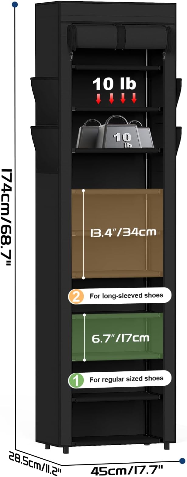 Mavivegue Shoe Rack with Cover, 10 Tier Tall Shoe Organizer for 18-22 Pairs of Shoes, Shoe Organizer with 4 Side Pockets, Shoe Cabinet for Entryway, Closet