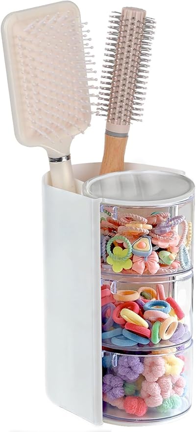 Clear Hair Accessories Organizer & Hair Brush Holder, Rotatable Makeup Brush Holder and Jewelry Storage Box for Hair Clips, Earrings, Necklaces, Rings and Bracelets (White, 3-Layer)