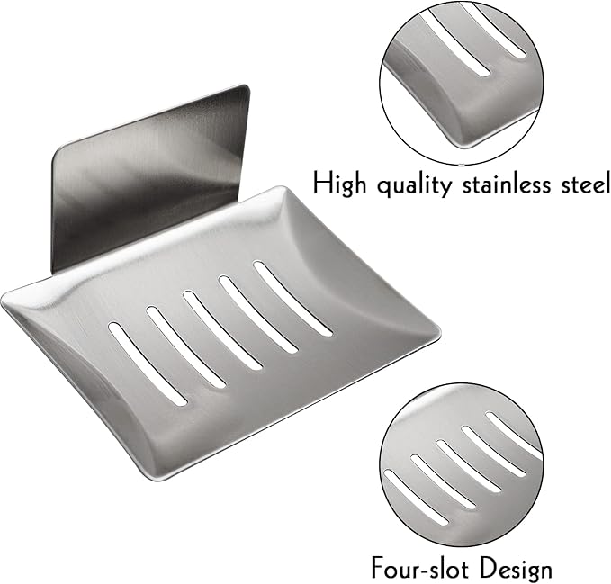2 Pack Soap Dish for Shower Wall, Stainless Steel Adhesive Soap Holder for Bathroom, 5 Slot Sponge Holder for Kitchen Sink, Bar Soap Tray with Drain Silver