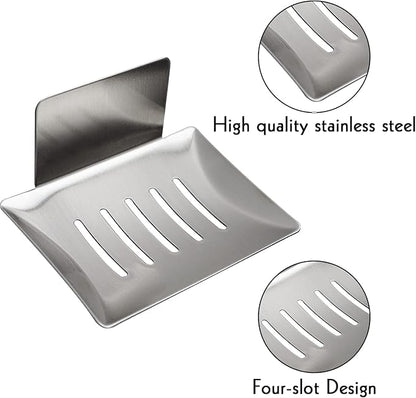 2 Pack Soap Dish for Shower Wall, Stainless Steel Adhesive Soap Holder for Bathroom, 5 Slot Sponge Holder for Kitchen Sink, Bar Soap Tray with Drain Silver