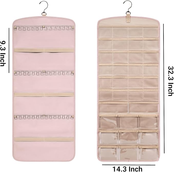 Hanging Jewelry Organizer Doubled-sided with Pockets & Hooks for Rings, Earrings, Necklaces, Hair Accessories Storage Roll, Closet Earring Holder Organizer for Wall, Door, Travel, 1 PCS, Pink