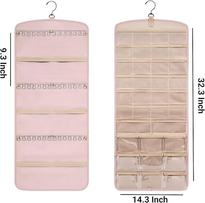 Hanging Jewelry Organizer Doubled-sided with Pockets & Hooks for Rings, Earrings, Necklaces, Hair Accessories Storage Roll, Closet Earring Holder Organizer for Wall, Door, Travel, 1 PCS, Pink
