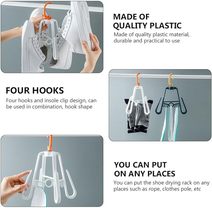 Toyvian 3pcs Hanging Shoe Drying Rack with 4 Hooks Plastic Insole Clip Rack and Household Shoes Organizer for Balcony and Indoor Use Nordic Style