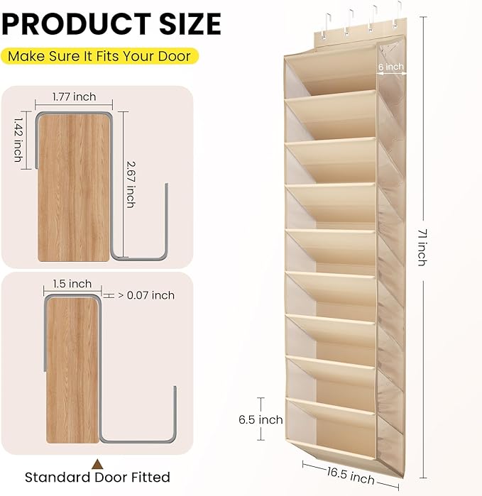 20-25 Pairs Over the Door Shoe Organizer, Clear Pockets Shoe Rack for Closet Door, 10-Tier Hanging Shoe Rack for Boots, Behind the Door Shoe Holder Fit All the Family's Sneakers, Boots, Heels, Beige