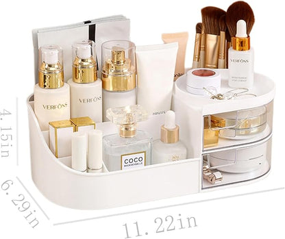skin care organizer,Makeup Desk Organizer With Drawers,Countertop Organizer for Cosmetics,Vanity brush with Holder for Lipstick, Brushes, Eyeshadow, and Desktop Finishing Dresser (D-White)