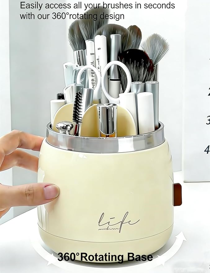 360 Rotating Makeup Brush Holder with Lid Clear Dustproof Make Up Organizers for Vanity Countertop Includes a Foldable Bowl for Cleaning Makeup Brush Transparent Dustproof(Beige)