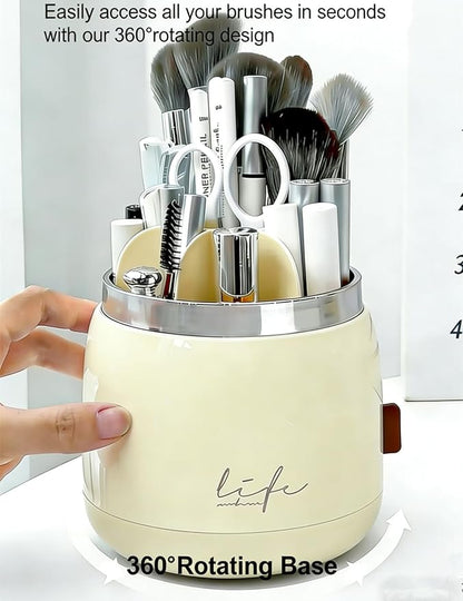 360 Rotating Makeup Brush Holder with Lid Clear Dustproof Make Up Organizers for Vanity Countertop Includes a Foldable Bowl for Cleaning Makeup Brush Transparent Dustproof(Beige)
