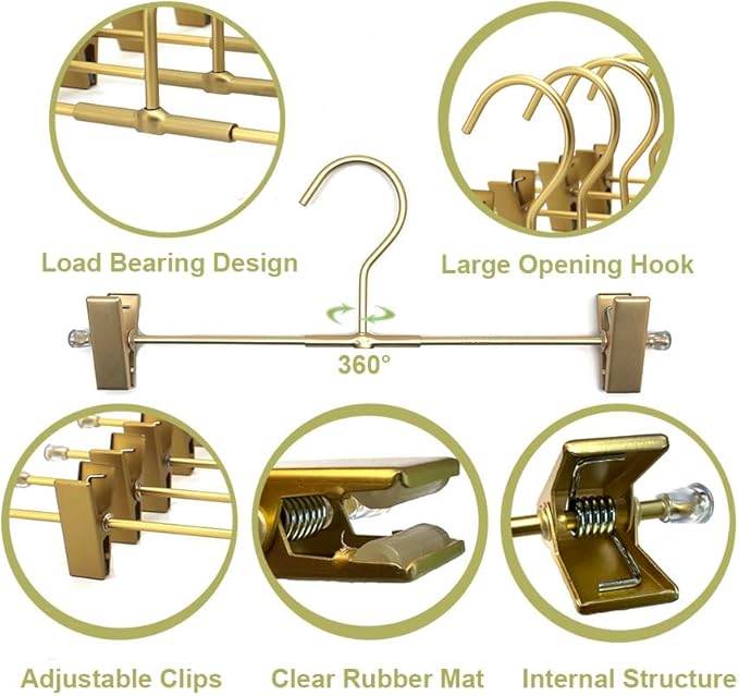 Shorts Hangers 20 Pack Jeans Hangers for Closet 11.8" Gold Aluminium Hangers with 2 Adjustable Clips Pants Hanger Shirt Slim Hangers for Men Women Metal Hangers