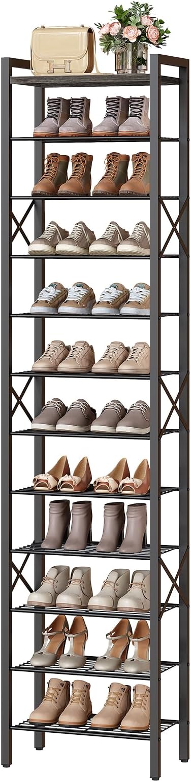 YATINEY 12-Tier Narrow Shoe Rack, Tall Shoe Rack for 12-24 Pairs, Slim Shoe Storage Organizer with Wooden Top, Space Saving, Metal Frame, for Entryway, Charcoal and Black SS61BC