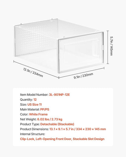 VEVOR Shoe Storage Boxes, 12 Pack Stackable Shoe Boxes Storage Organizers, Fit up to US Size 11, Plastic Modular Space Saving Sneaker Containers for Storing High Heels, Boots, and Hats, White Frame