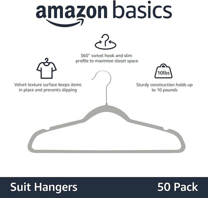 Amazon Basics Slim Velvet Non-Slip Space Saving Suit Clothes Hangers, Closet Organizer, Gray/Silver, 50-Pack