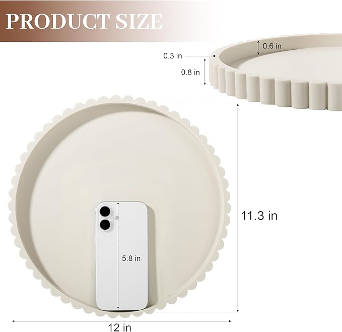 Round Bathroom Tray Silicone Kitchen Counter Decor Vanity Organizer Decorative Coffee Table Tray for Perfume, Candle, Soap Dish, 12 Inch, Beige
