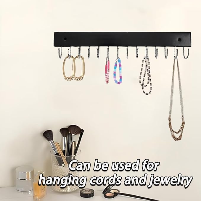 2 PCS Black Hanging Jewelry Organizer, Wooden Wall Mounted Necklace Holder with 28 Hooks, Jewelry Display Hangers, Coat Rack Belt Organizer for Bags, Ties, Keys(Black)