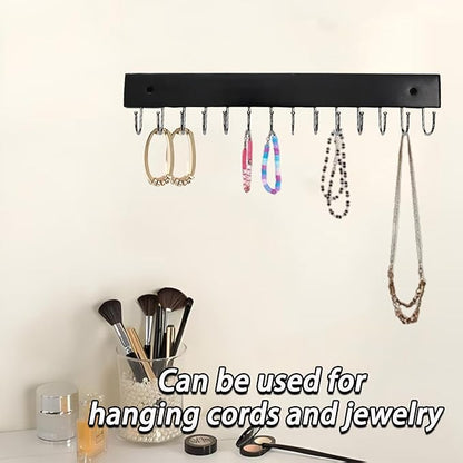 2 PCS Black Hanging Jewelry Organizer, Wooden Wall Mounted Necklace Holder with 28 Hooks, Jewelry Display Hangers, Coat Rack Belt Organizer for Bags, Ties, Keys(Black)