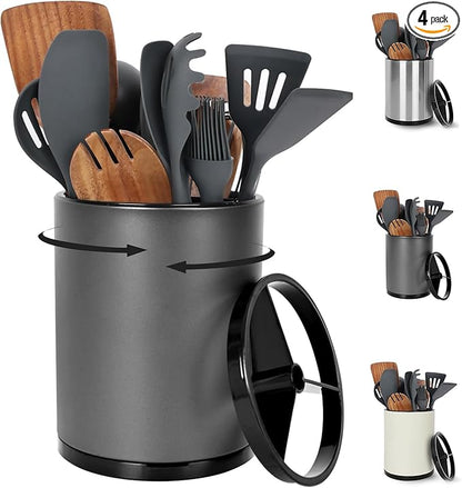 Nigelia Extra Large Kitchen Utensil Holder - 360° Rotating Stainless Steel Cooking Utensil Holder for Countertop, 3 Compartment Flatware Organizer & Utensil Caddy with Removable Base（Grey）