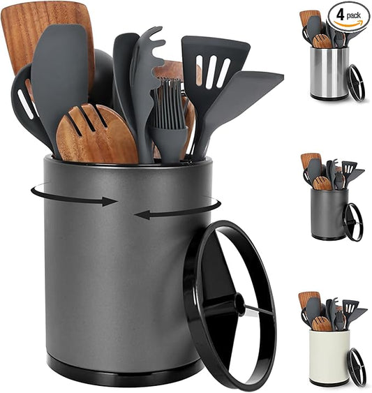Nigelia Extra Large Kitchen Utensil Holder - 360° Rotating Stainless Steel Cooking Utensil Holder for Countertop, 3 Compartment Flatware Organizer & Utensil Caddy with Removable Base（Grey）
