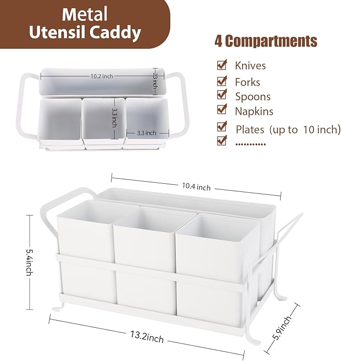 Silverware Caddy Metal Utensil Holder for Party Countertop Silverware Utensil Caddy Cutlery Flatware Organizer for Spoons Forks Plates Napkins White
