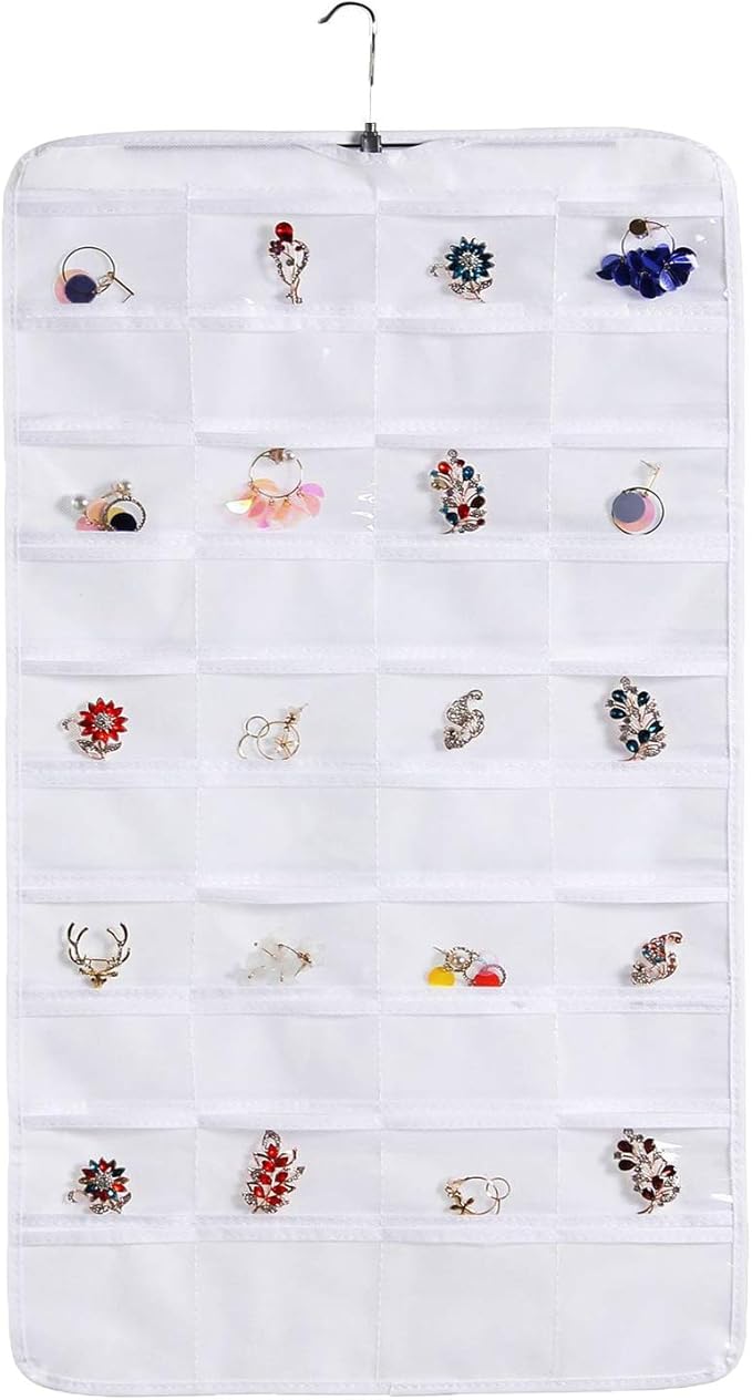 seven wolves Hanging Jewelry Organizer, Double Sided 40 Pockets, Jewelry Organizer, Necklace Holder Jewelry Chain Organizer for Brooch Earrings Necklace Bracelet Ring with Hanger, White