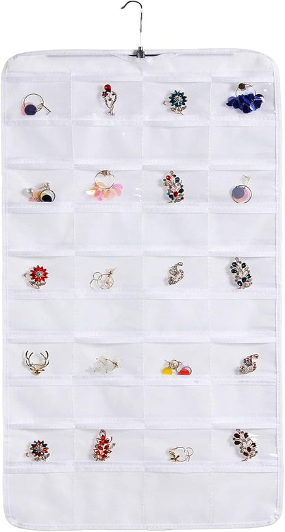 seven wolves Hanging Jewelry Organizer, Double Sided 40 Pockets, Jewelry Organizer, Necklace Holder Jewelry Chain Organizer for Brooch Earrings Necklace Bracelet Ring with Hanger, White