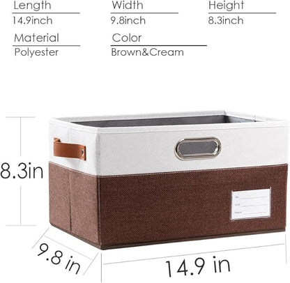 PRANDOM Foldable Storage Bins with Handles [3-Pack] Fabric Collapsible Storage Boxes Baskets Cubes Containers with Handles for Closet Living Room Bedroom (Brown & White 14.9x9.8x8.3'')