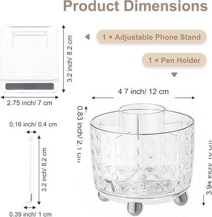 SAYEEC Pen Holder for Desk 6 Slots Rotating Makeup Brush Organizer Toothbrush Holder Versatile Desk Skincare Cosmetic Organizer Pencil Cup Pot Art Supply Caddy for Office Vanity Bathroom, Clear Silver