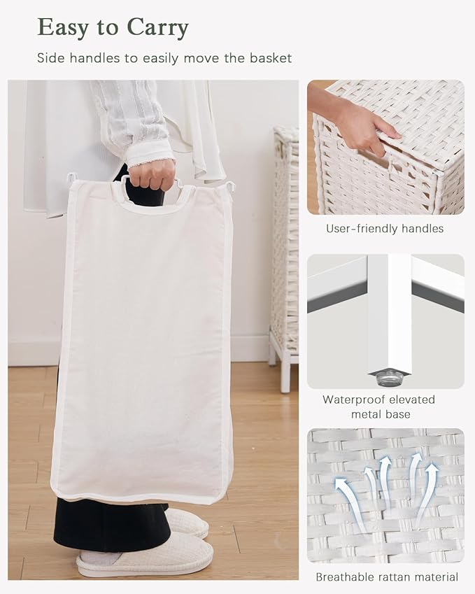 SETVSON Laundry Hamper with Lid 132 L, (35 Gallons) Clothes Hamper with Lid, Handwoven Rattan Laundry Hamper with Metal Heightened Feet, Laundry Hampers with 3 Removable Liner Bags for Laundry-White