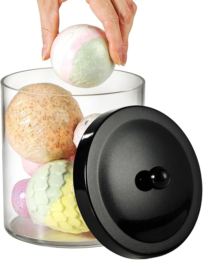 2 Pack 50 Oz Large Plastic Apothecary Jar with Black Stainless Steel Lid - Shatterproof Laundry Pods Container - Modern Industrial Bathroom & Kitchen Storage Organizer for Scent Beads, Bath Bombs