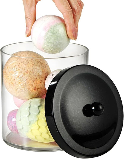 SheeChung 50oz Large Plastic Apothecary Jar with Black Stainless Steel Lid - Shatterproof Laundry Pods Container - Modern Industrial Bathroom & Kitchen Storage Organizer for Scent Beads, Bath Bombs