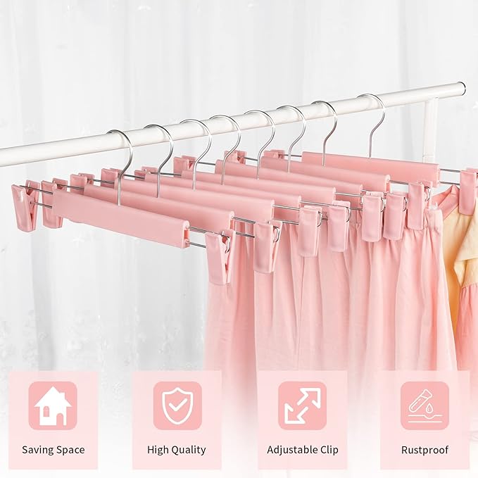 10 Pack Skirt Hangers, PantsHangers with Clips，360 ° Swivel Hooks Space Saving Hangers for Pants, Skirts, Clothes, Jeans，Pink
