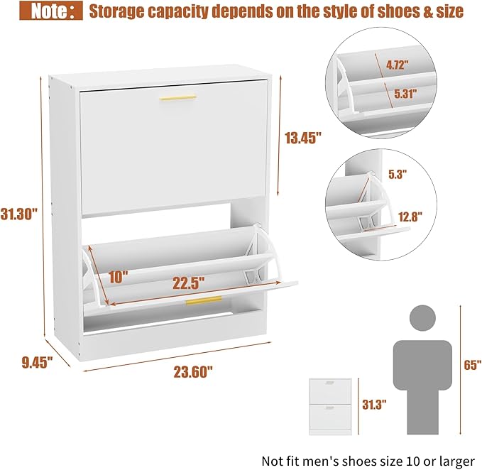 JOZZBY Shoe Cabinet Storage for Entryway, Slim White Hidden Shoe Organizer Cabinet with 2 Flip Drawers, Wooden Narrow Shoe Rack with 2 Tier Freestanding for Hallway, Living Room