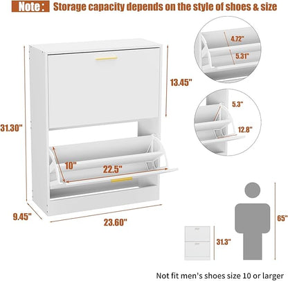 JOZZBY Shoe Cabinet Storage for Entryway, Slim White Hidden Shoe Organizer Cabinet with 2 Flip Drawers, Wooden Narrow Shoe Rack with 2 Tier Freestanding for Hallway, Living Room
