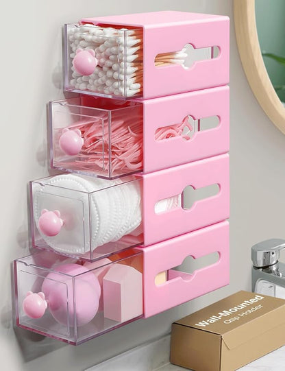 Qtip Holder for Bathroom Wall Organizer – Bathroom Decor, Dorm Room Essential, Small Q-tip Dispenser for Cotton Swabs, Balls, Pads, Floss Picks – Office Storage, Vanity Makeup Organizer(4 Pcs)