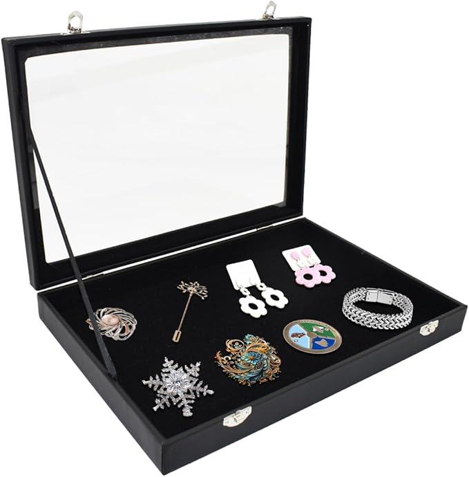 Large Pin Display Case Enamel Pin Collection Holder 14" X 9.5" Jewelry Display Case with Transparent Lid Jewelry Box Organizer for Pins, Ring, Earring Black Jewelry Tray Organizer