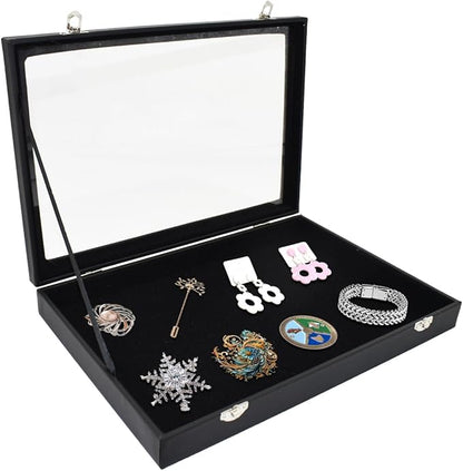 Large Pin Display Case Enamel Pin Collection Holder 14" X 9.5" Jewelry Display Case with Transparent Lid Jewelry Box Organizer for Pins, Ring, Earring Black Jewelry Tray Organizer