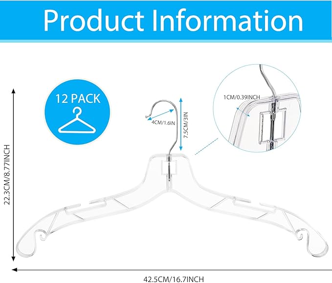 12 Pack Clear Plastic Hangers, 16.7 Inch Heavy Duty Hangers Clear Acrylic Hanger with 360 Swivel Metal Hook and Notches, Dress Hanger for Clothes Coat Shirts Dresses
