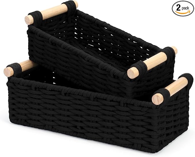 Boho Cotton Rope Storage Baskets Set of 2, Woven Wicker Organizer Bins with Wooden Handles, Small Decorative Boxes for Organizing, Toilet Paper Baskets for Bathroom Countertop, Shelves (Black 2 Pack)