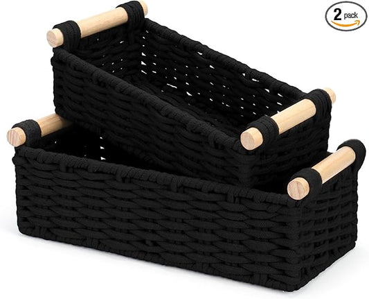Boho Cotton Rope Storage Baskets Set of 2, Woven Wicker Organizer Bins with Wooden Handles, Small Decorative Boxes for Organizing, Toilet Paper Baskets for Bathroom Countertop, Shelves (Black 2 Pack)