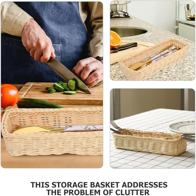 ULTECHNOVO Rattan Woven Cutlery Basket 2-Pack Utensil Organizer Spoon Fork Holder Kitchen Drawer Storage Tray 9.84X3.93X1.96 Inches Multipurpose Flatware Holder for Home
