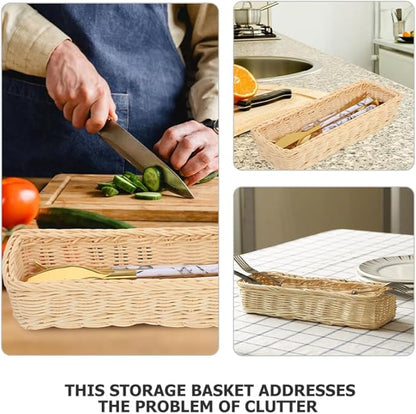 ULTECHNOVO Rattan Woven Cutlery Basket 2-Pack Utensil Organizer Spoon Fork Holder Kitchen Drawer Storage Tray 9.84X3.93X1.96 Inches Multipurpose Flatware Holder for Home