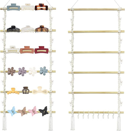 Macrame Claw Clip Organizer with Hooks, Hanging Hair Clip Holder and Storage for Women Girls, Wall, Door, Closet