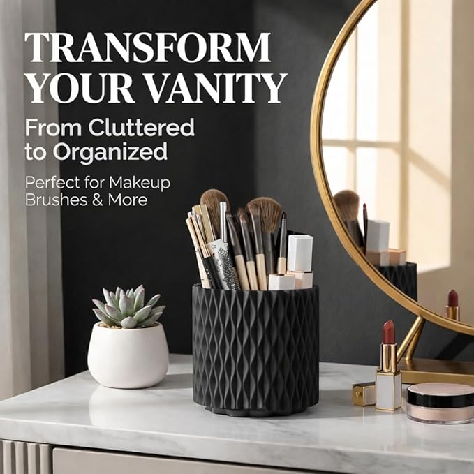 Makeup Brush Holder Organizer, 360° Rotating 5-Slot Make up Brushes Cup for Cosmetic, Lipstick, Hair Brush Holder - Spinning Vanity Countertop Caddy for Bathroom, Dorm & Office, Black