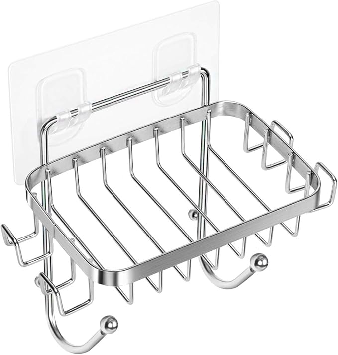 ODesign Soap Dish Holder SUS304 Stainless Steel with 6 Hooks Loofah Bath Sponge Towel Razor Holder for Bathroom Shower Kitchen Adhesive Wall Mounted No Drilling-Silver-1 Pack