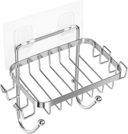 ODesign Soap Dish Holder SUS304 Stainless Steel with 6 Hooks Loofah Bath Sponge Towel Razor Holder for Bathroom Shower Kitchen Adhesive Wall Mounted No Drilling-Silver-1 Pack