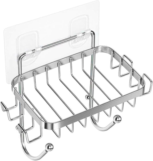 ODesign Soap Dish Holder SUS304 Stainless Steel with 6 Hooks Loofah Bath Sponge Towel Razor Holder for Bathroom Shower Kitchen Adhesive Wall Mounted No Drilling-Silver-1 Pack