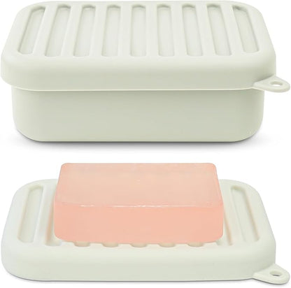 Superior Leak-Proof Silicone Travel Soap Case with Drainage Lid/Layer, Compact Bar Soap Container, Durable Soap Holder for Camping, Gym, and Travel Size Toiletries (Off-White)