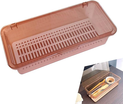 Flatware Tray with Lid and Drainer,Silverware Tray Kitchen Dinnerware Holder and Utensil Storage Container for Flatware and Silverware(Brown)